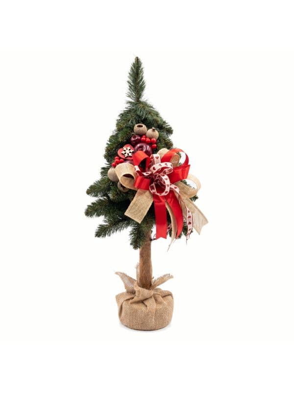 Petit sapin de No&euml;l artificiel sur tronc de pin 65 cm, avec des &eacute;l&eacute;ments naturels, sur fond clair. 