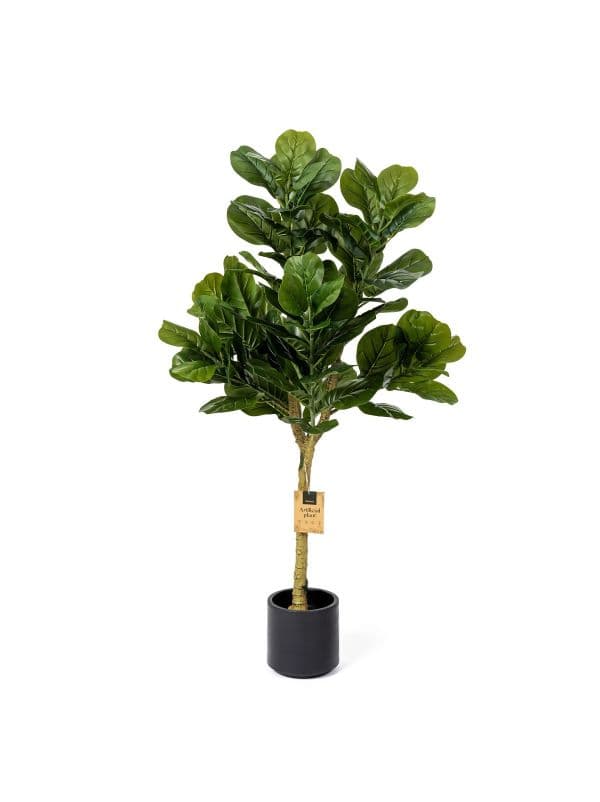 Ficus lyrata artificiel 130 cm FairyTrees avec de grandes feuilles vertes mates sur fond clair. 