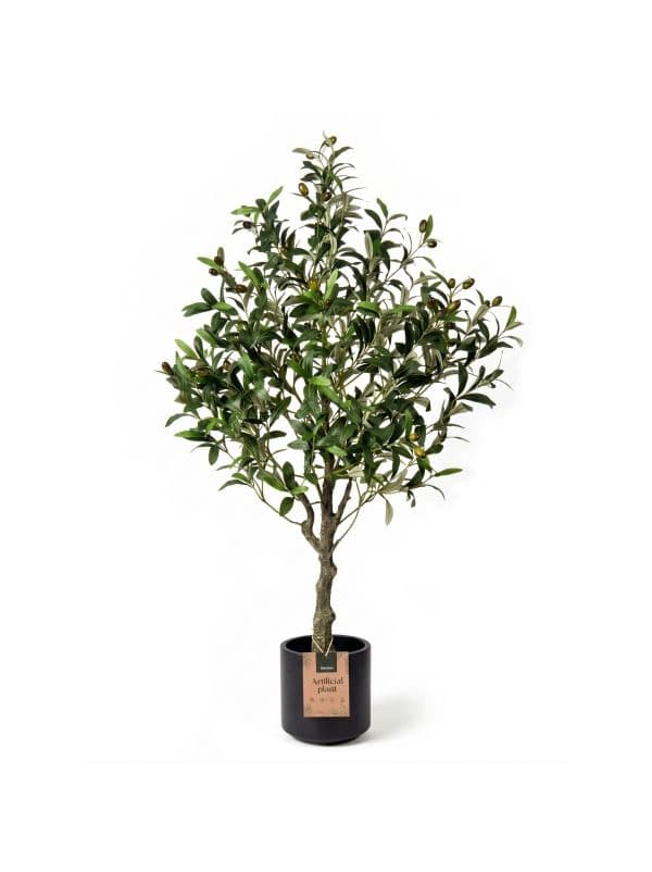 Olivier artificiel 120 cm FairyTrees avec de petites feuilles vertes et des olives sur fond clair. 