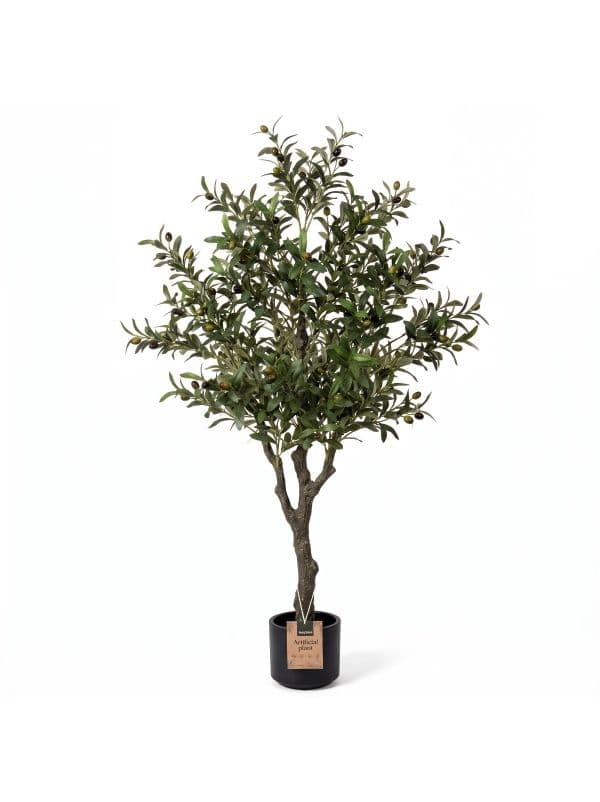 Olivier artificiel 150 cm FairyTrees sur fond blanc, avec de petites feuilles vertes et des olives. 