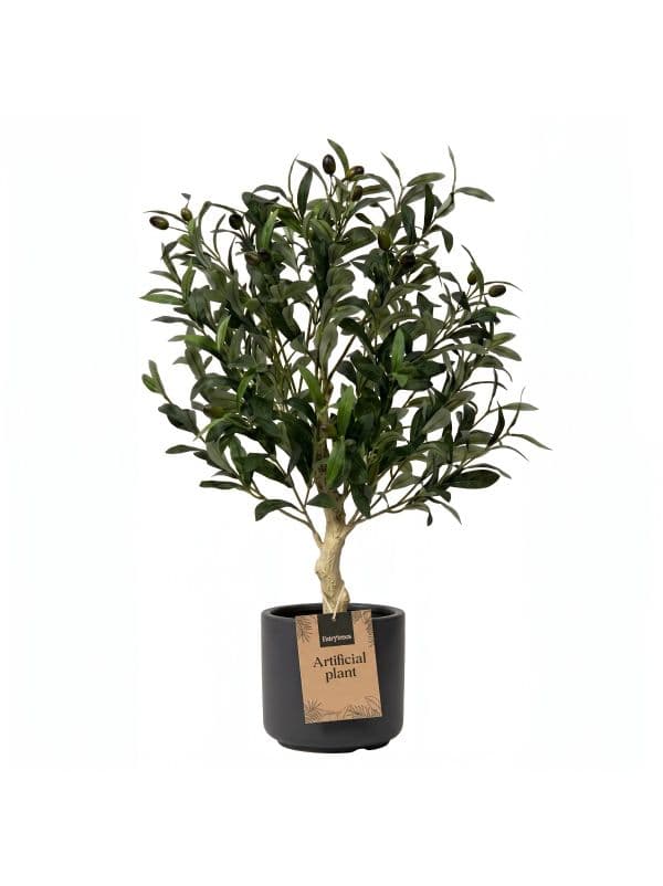 Petit olivier artificiel 60 cm FairyTrees avec de petites feuilles et des olives sur fond clair. 