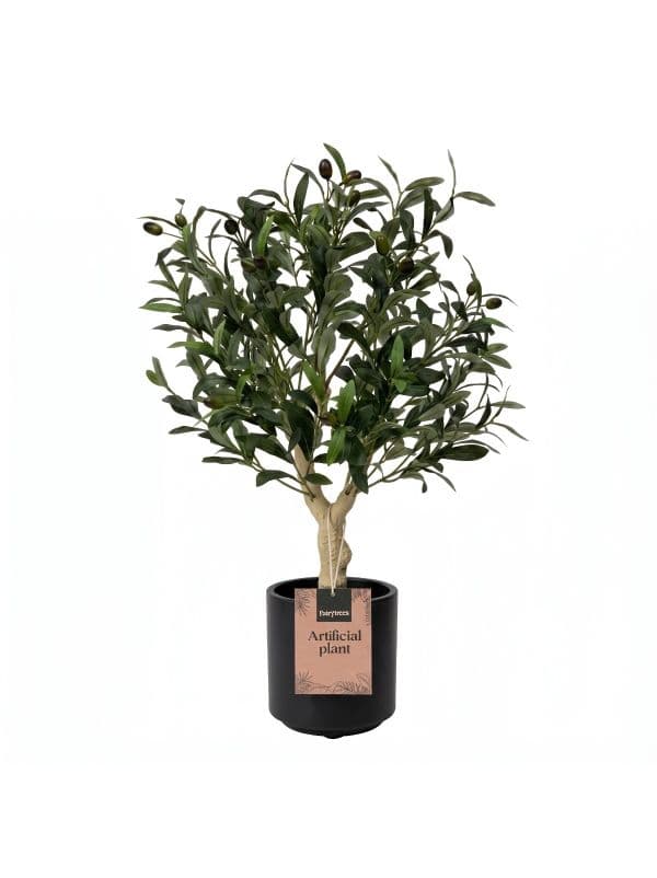 Olivier artificiel 80 cm FairyTrees &agrave; la couronne dense, avec de d&eacute;licates feuilles vertes et des olives sur fond clair. 
