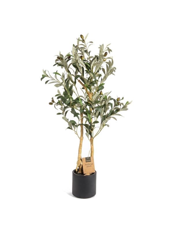 Olivier artificiel 90 cm FairyTrees avec des branches d&eacute;licates, de petites feuilles vertes et des olives sur fond clair. 