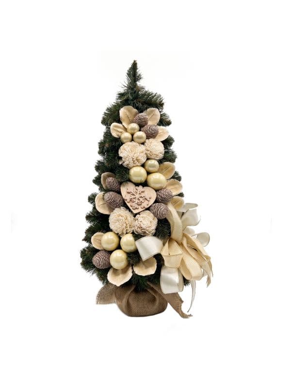 Petit sapin de No&euml;l artificiel conique 50 cm avec d'&eacute;l&eacute;gantes d&eacute;corations nacr&eacute;es style glamour, sur fond blanc. 