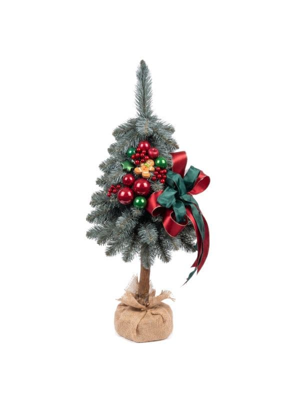 Petit sapin de No&euml;l artificiel sur tronc 65 cm sur fond blanc, aux aiguilles vert argent&eacute; et ornements de f&ecirc;te. 