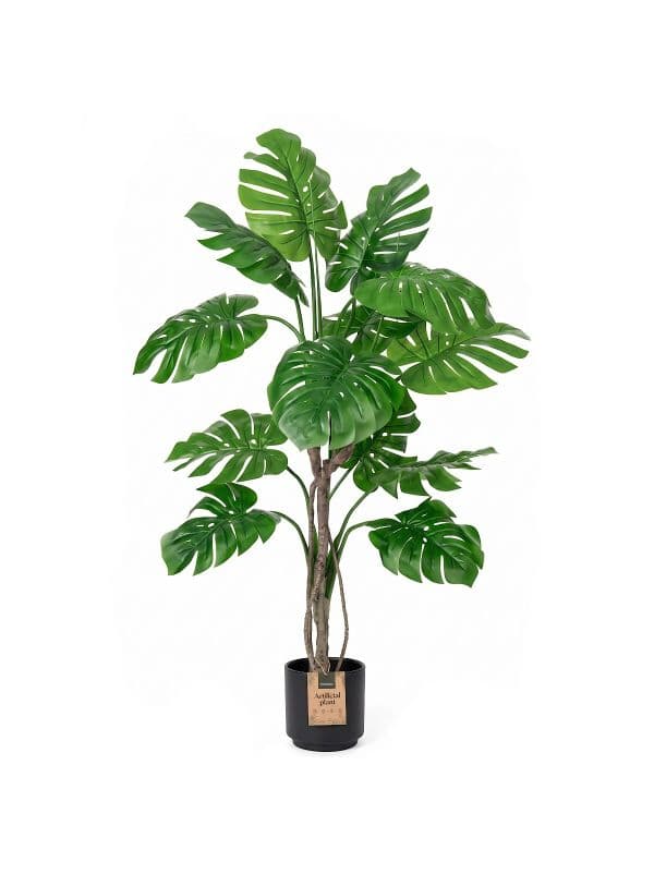 Monstera artificiel sur tronc de 160 cm FairyTrees sur fond blanc, avec de grandes feuilles vertes aux d&eacute;coupes caract&eacute;ristiques.