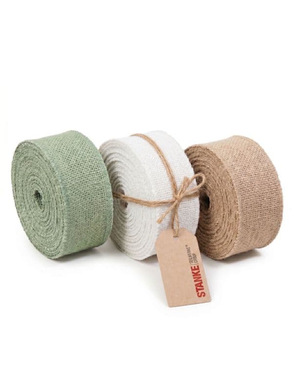 Lot de rubans en jute Seilwerk Stanke, 3 rouleaux en beige, naturel et vert sur fond blanc. 