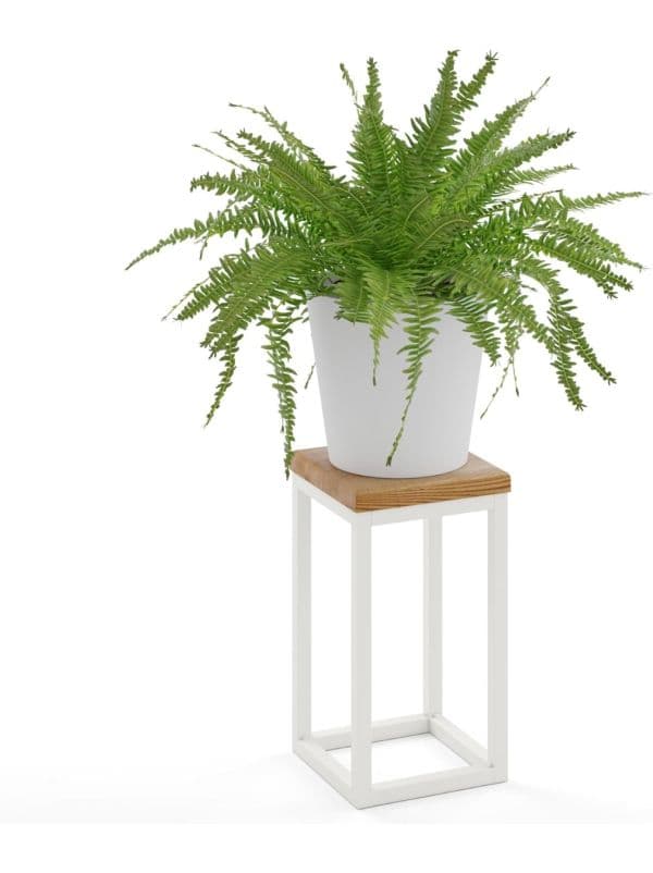 Porte-plante en métal blanc avec plateau en bois 30 cm