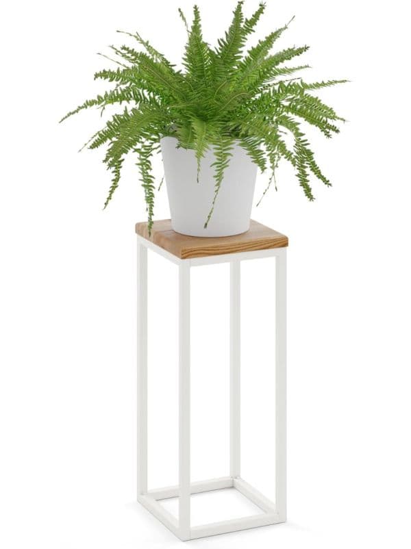 Porte-plante en métal blanc avec plateau en bois 50 cm