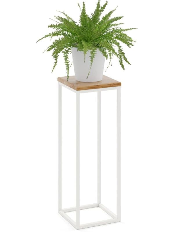 Porte-plante en métal blanc avec plateau en bois 70 cm