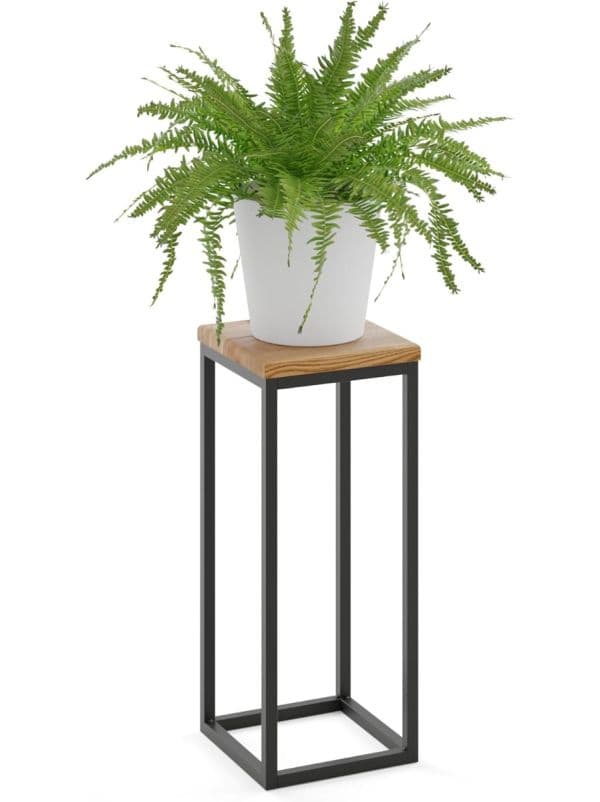 Porte-plante en métal noir avec plateau en bois 50 cm