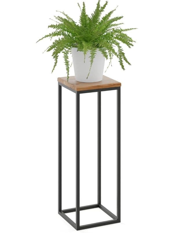 Porte-plante haut en métal noir avec plateau en bois 70 cm