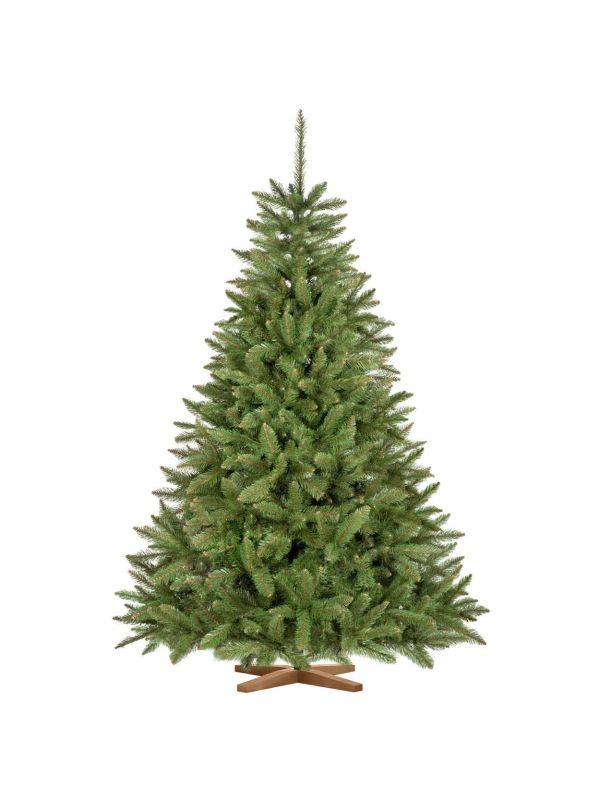 Sapin de Noël artificiel FairyTrees FT01-180 – épicéa de 180 cm avec des branches denses et un pied en bois élégant.