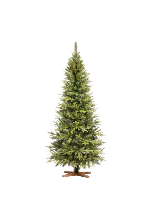 Grand sapin de Noël artificiel FairyTrees FT05-180 – sapin Nordmann slim de 180 cm avec branches en PE moulées par injection et pied en bois raffiné.