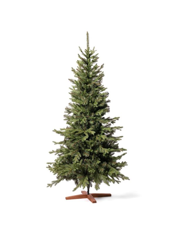 Grand sapin de Noël artificiel FairyTrees FT05-180 – sapin Nordmann slim de 180 cm avec branches en PE moulées par injection et pied en bois raffiné.