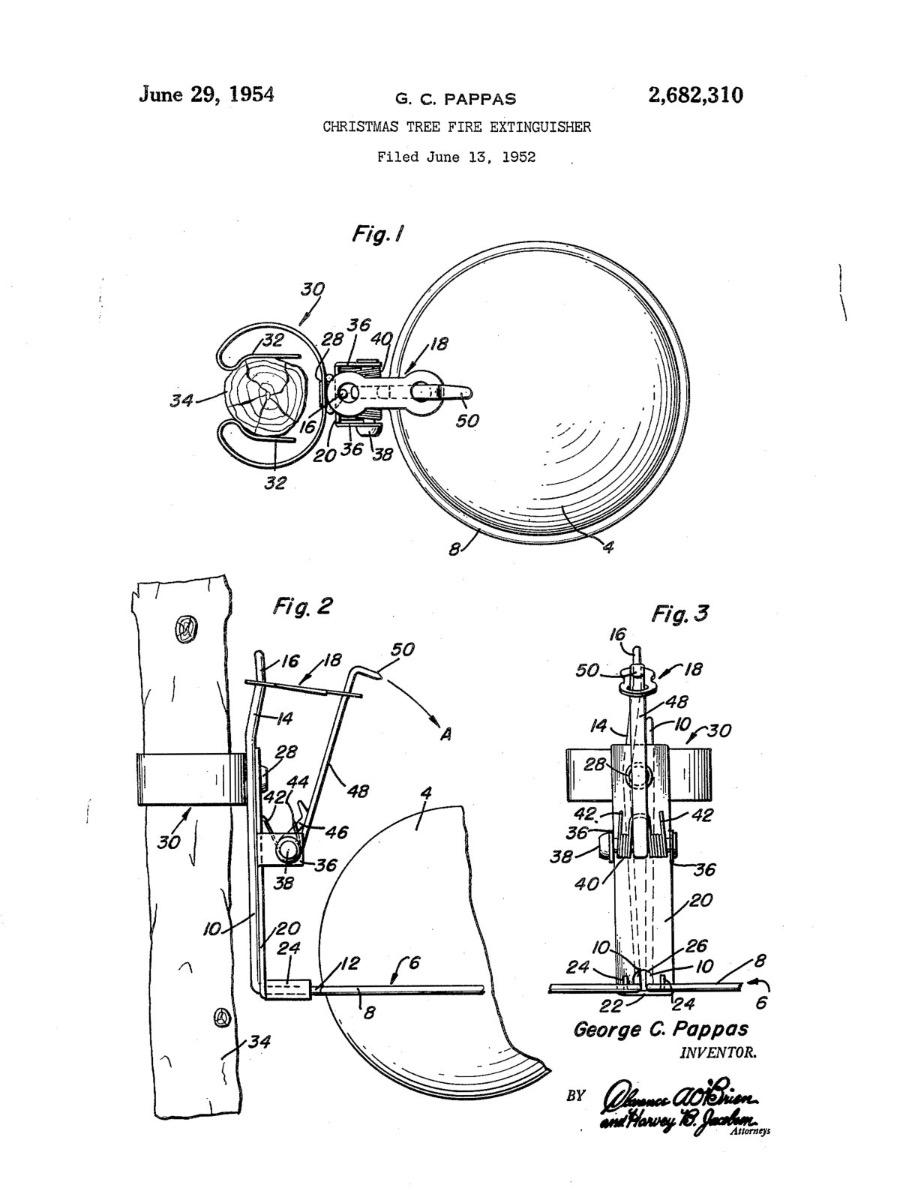 Dessin de brevet de George G. Pappas datant de 1954 &ndash; conception d'une boule d'extinction pour sapin de No&euml;l montrant le m&eacute;canisme de fixation au tronc ainsi que les coupes techniques de l'appareil.