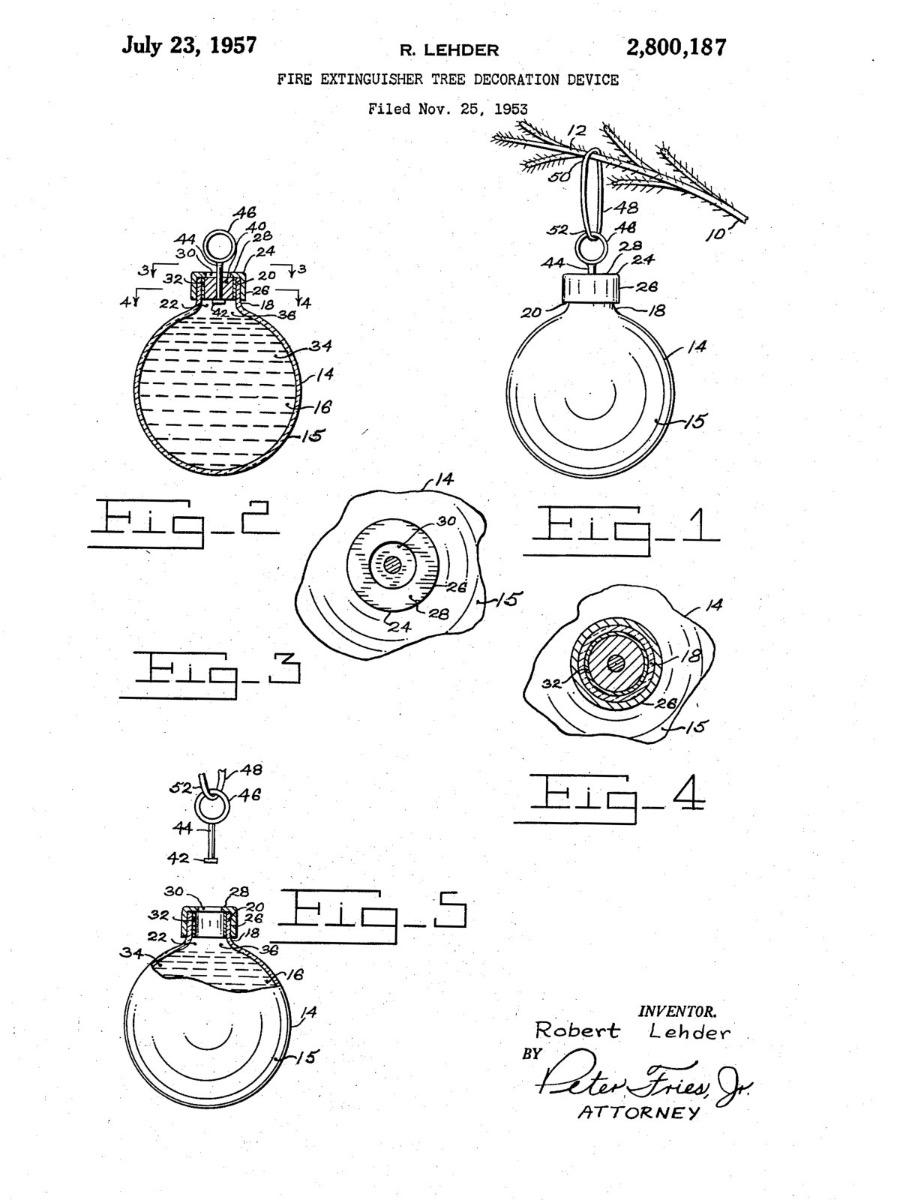 Dessin de brevet de Robert Leder datant de 1957 &ndash; conception d&rsquo;une boule extinctrice sous forme de d&eacute;coration de sapin, repr&eacute;sentant un r&eacute;servoir de liquide et un syst&egrave;me de suspension sur une branche.