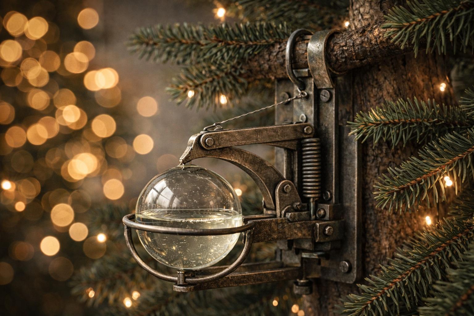 Visualisation du brevet de George G. Pappas &ndash; boule extinctrice fix&eacute;e au tronc du sapin, entour&eacute;e d&rsquo;aiguilles d&rsquo;&eacute;pic&eacute;a.