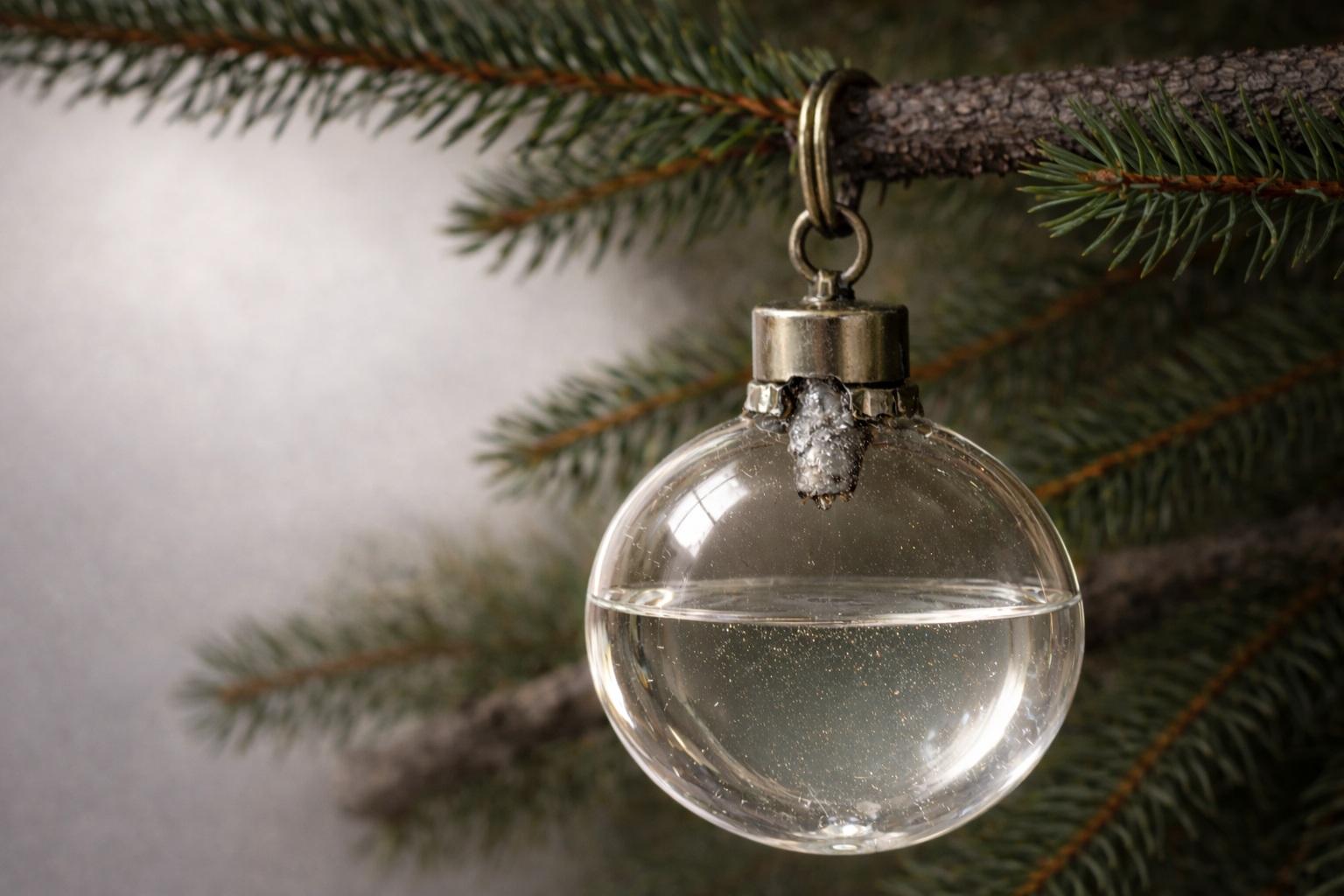 Illustration du brevet de Robert Lehder : boule de No&euml;l en verre remplie de liquide extincteur, suspendue &agrave; une branche d&rsquo;&eacute;pic&eacute;a, avec une poign&eacute;e m&eacute;tallique.