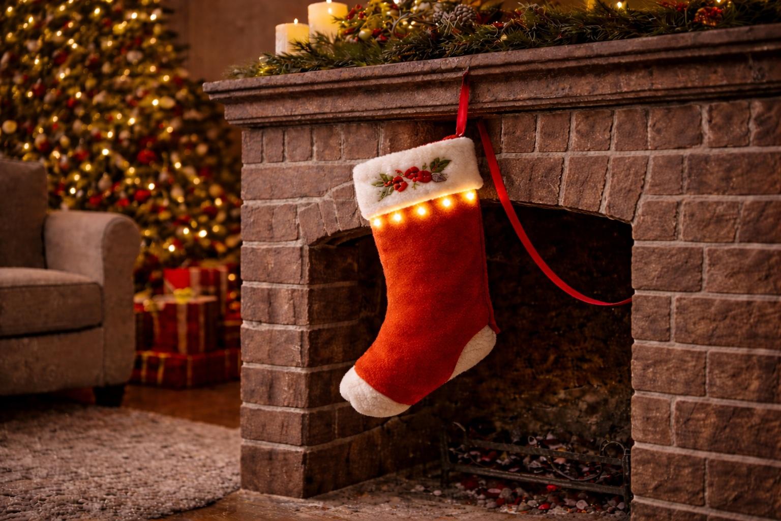 Repr&eacute;sentation du brevet de Thomas Cane : une chaussette de No&euml;l rouge suspendue &agrave; une chemin&eacute;e en briques, orn&eacute;e de guirlandes lumineuses, avec un sapin d&eacute;cor&eacute; et des cadeaux visibles &agrave; l'arri&egrave;re-plan du salon.