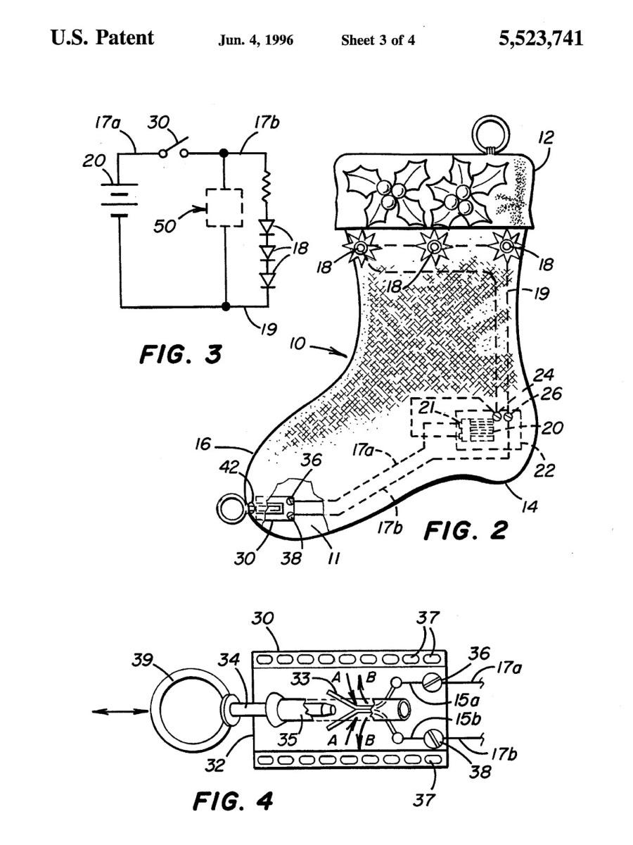 Dessin de brevet de Thomas Cane datant de 1996 : conception d'une chaussette de No&euml;l, repr&eacute;sentant un sch&eacute;ma de fonctionnement avec des &eacute;l&eacute;ments lumineux.