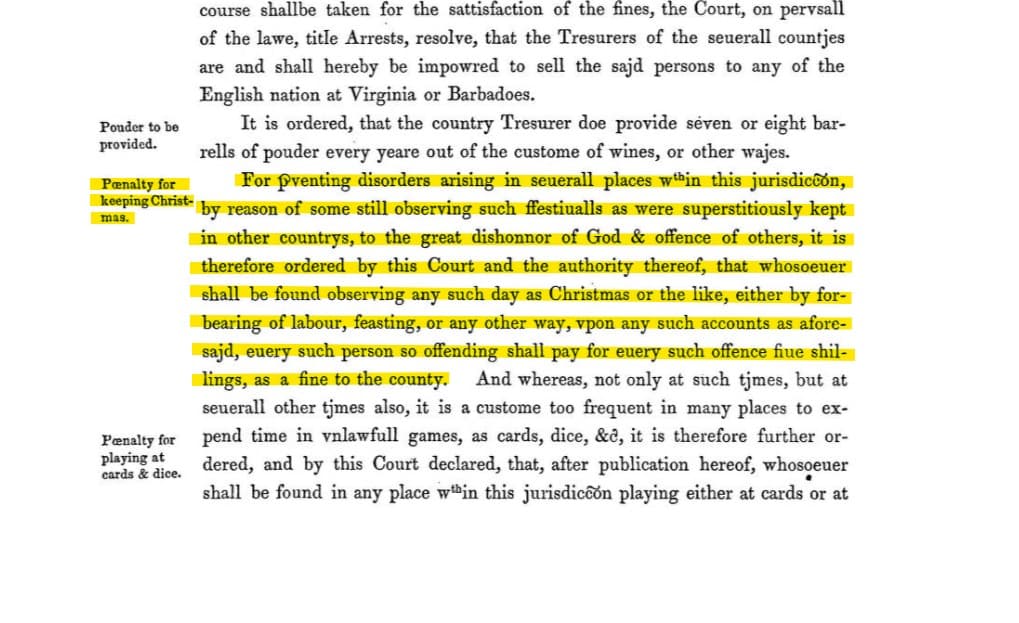 Extrait d&rsquo;un acte juridique puritain du XVIIe si&egrave;cle interdisant la c&eacute;l&eacute;bration de No&euml;l et pr&eacute;voyant une amende pour le 25 d&eacute;cembre.