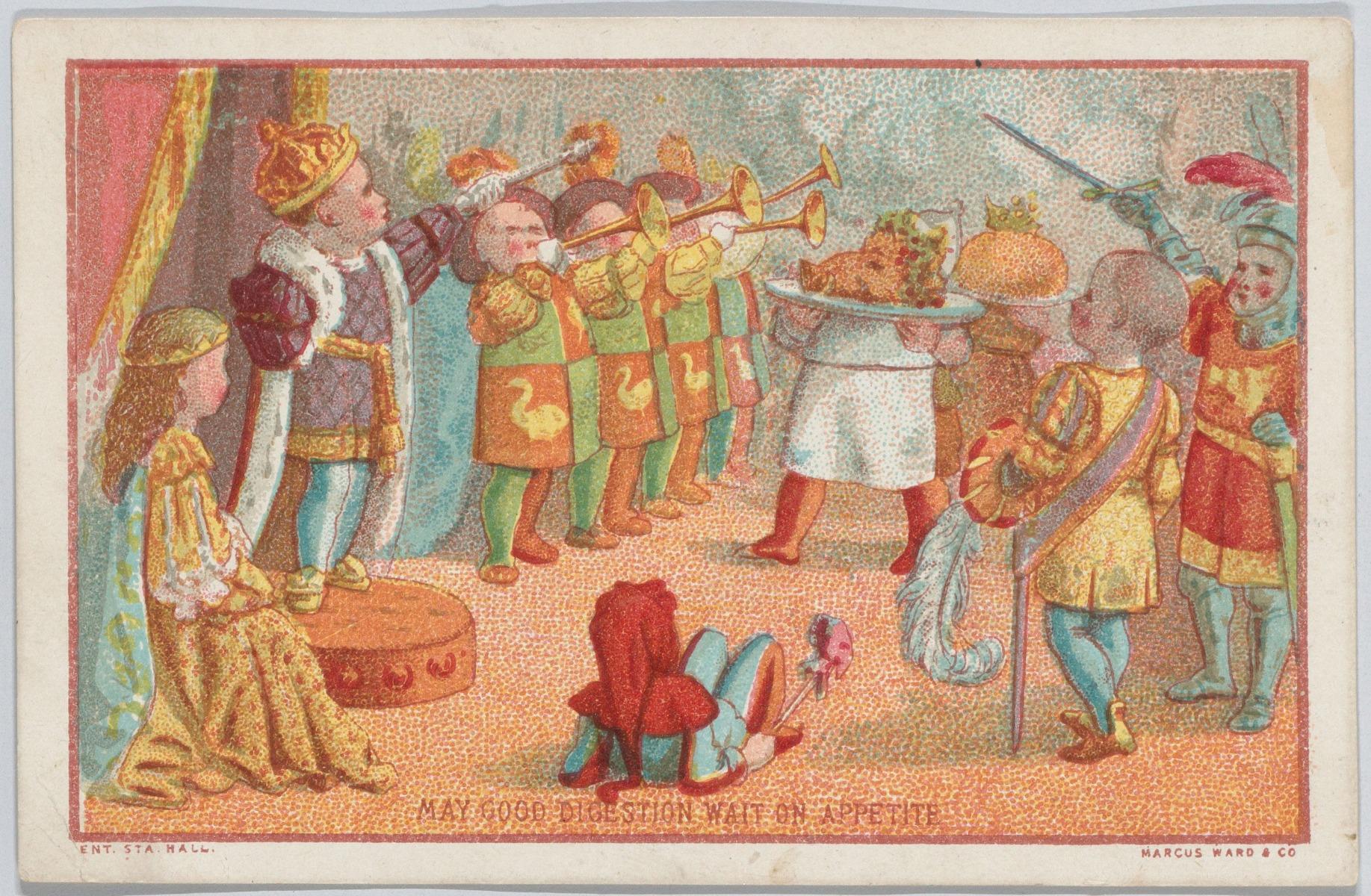 Carte de No&euml;l color&eacute;e du XIXe si&egrave;cle montrant l&rsquo;entr&eacute;e solennelle d&rsquo;une t&ecirc;te de sanglier r&ocirc;tie au son des trompettes, &eacute;l&eacute;ment du rituel de No&euml;l.
