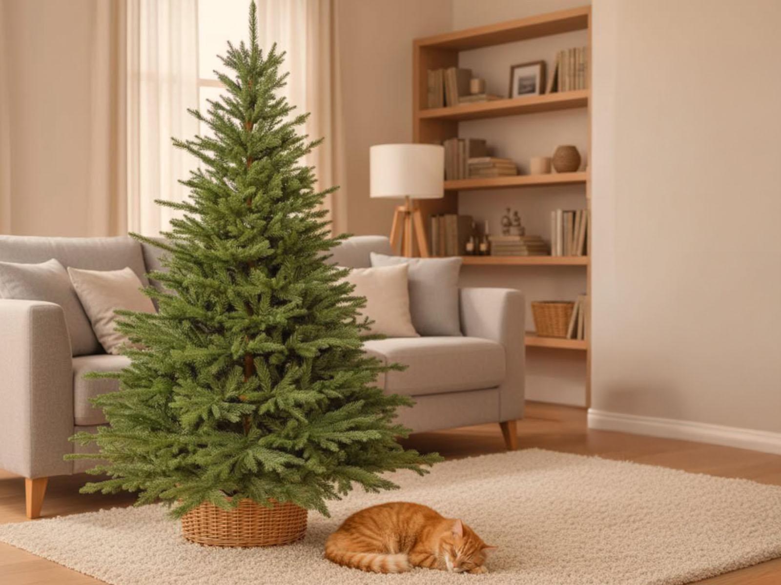 Un chat roux dort sur le tapis, à côté du sapin de Noël artificiel FairyTrees FT32 installé dans un salon clair et chaleureux.