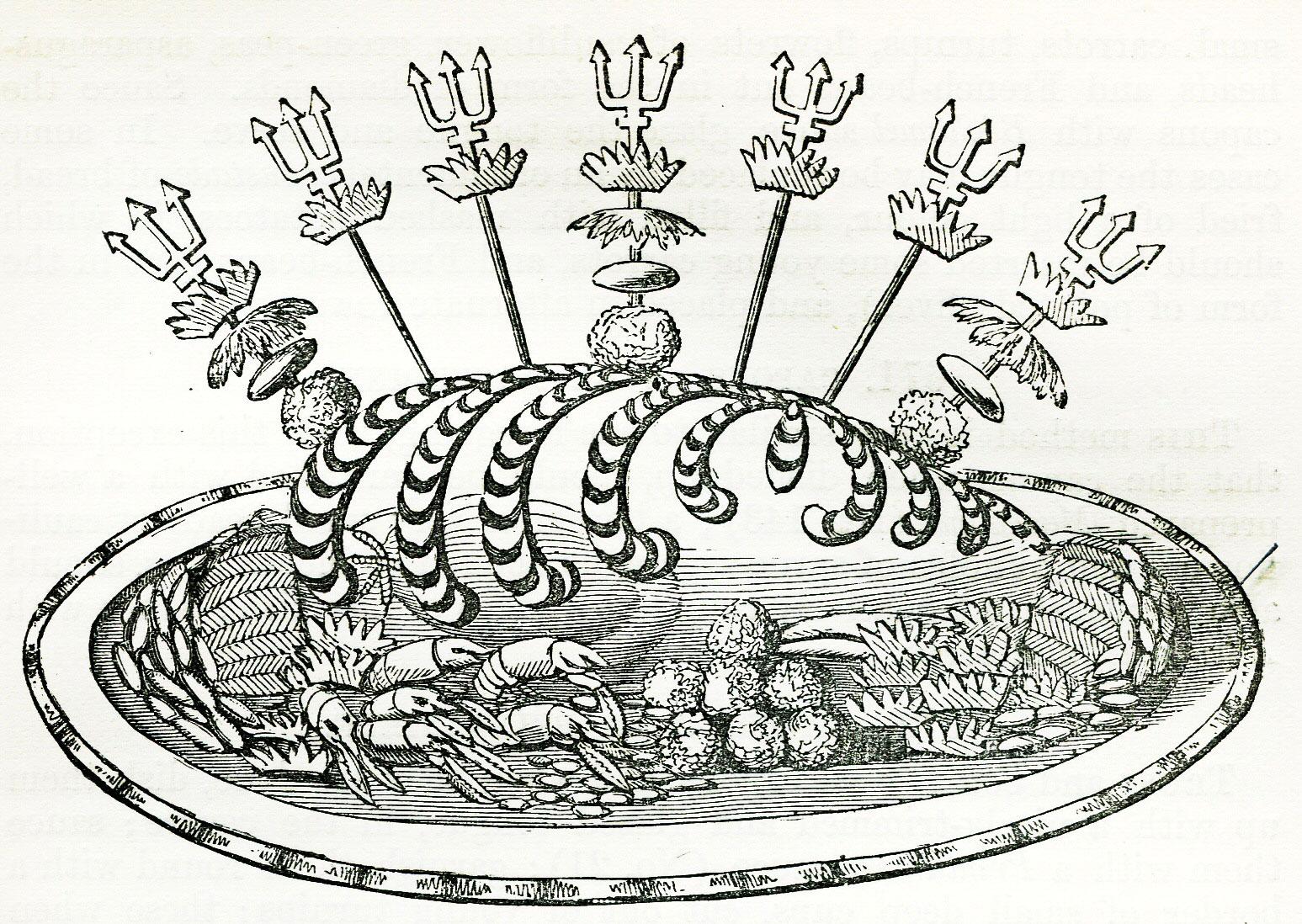 Gravure du XIXe si&egrave;cle repr&eacute;sentant le &laquo; Capon &agrave; la Godard &raquo;, un chapon r&ocirc;ti pr&eacute;sent&eacute; sur un grand plat et richement d&eacute;cor&eacute;, plat raffin&eacute; de la cuisine fran&ccedil;aise.