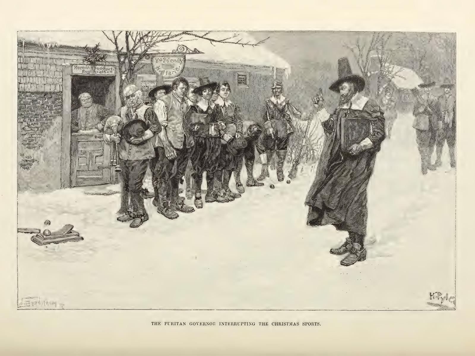 Gouverneur puritain interrompant des réjouissances hivernales dans la neige, symbole de l’interdiction de Noël et du contrôle des mœurs sociales.