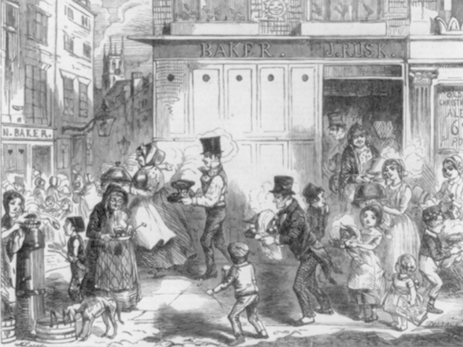 Habitants rapportant un repas de No&euml;l depuis la boulangerie, illustration montrant les pr&eacute;paratifs de No&euml;l en ville.