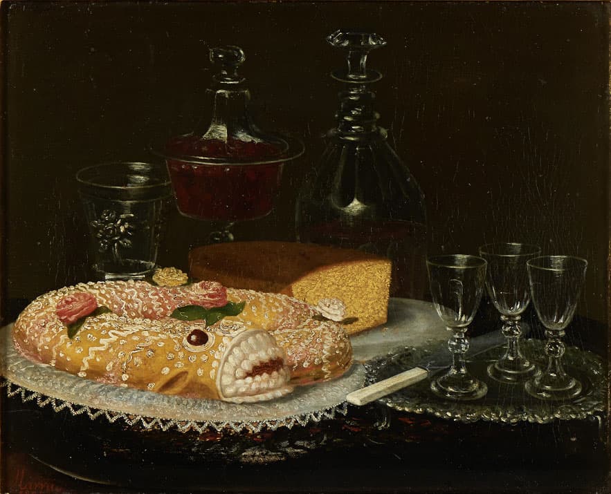 Nature morte du XIXe si&egrave;cle montrant la lampreia de ovos, dessert portugais fa&ccedil;onn&eacute; en forme de lamproie, servi sur un plat avec verrerie et p&acirc;tisseries.