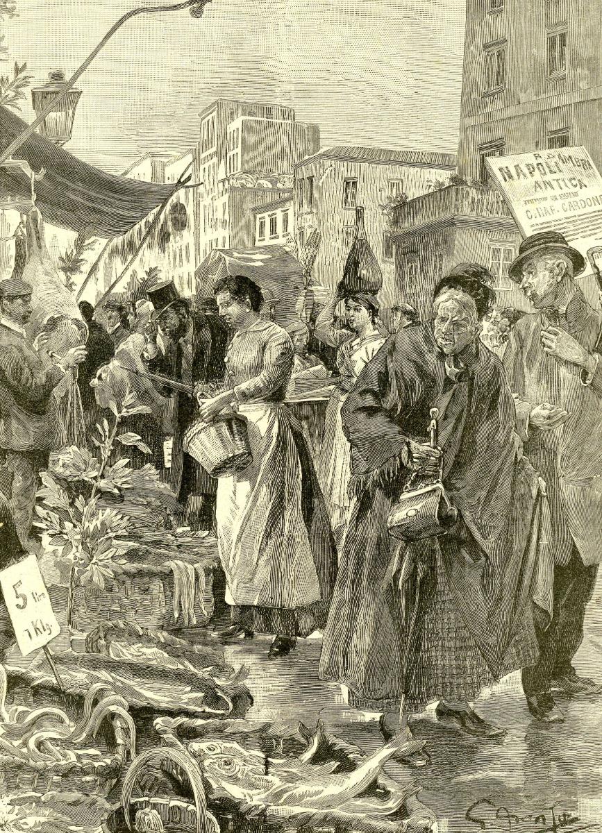 Illustration de la fin du XIXe si&egrave;cle montrant un march&eacute; bond&eacute; &agrave; Naples o&ugrave; l&rsquo;on vend des anguilles vivantes destin&eacute;es au plat de No&euml;l capitone.