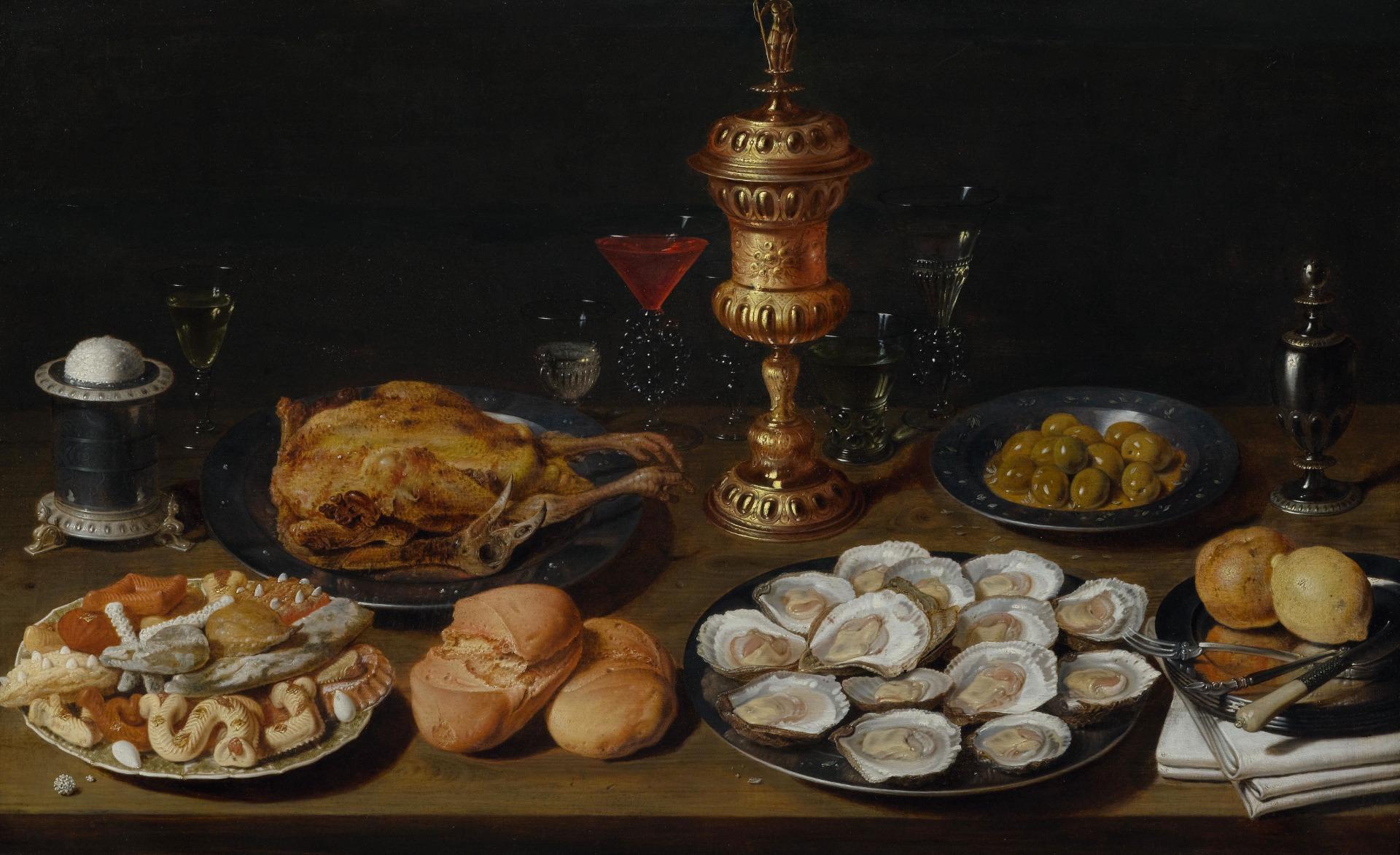 Nature morte repr&eacute;sentant une table avec chapon r&ocirc;ti, hu&icirc;tres, pain, p&acirc;t&eacute;s et coupes, &eacute;voquant la cuisine de luxe d&rsquo;autrefois.