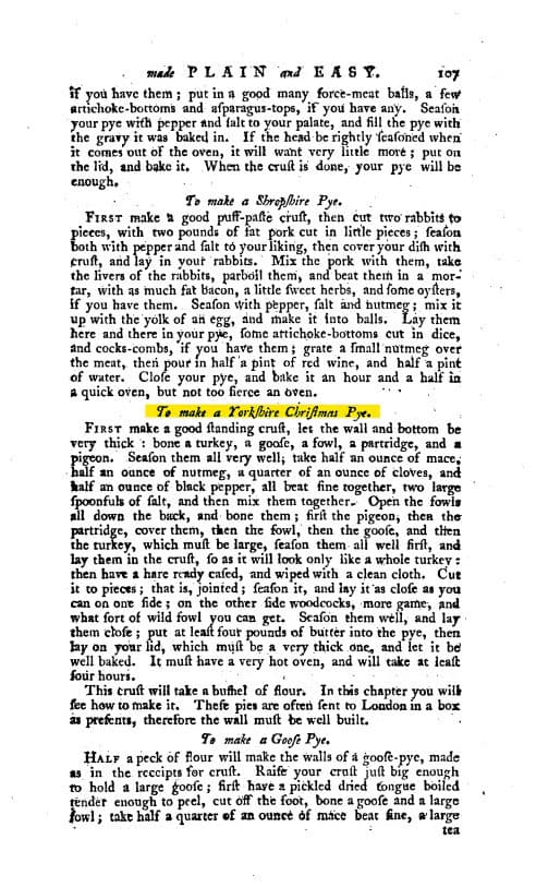 Page d&rsquo;un ancien livre de cuisine avec illustration et description de la pr&eacute;paration du Yorkshire Christmas Pie, une tourte de No&euml;l historique.