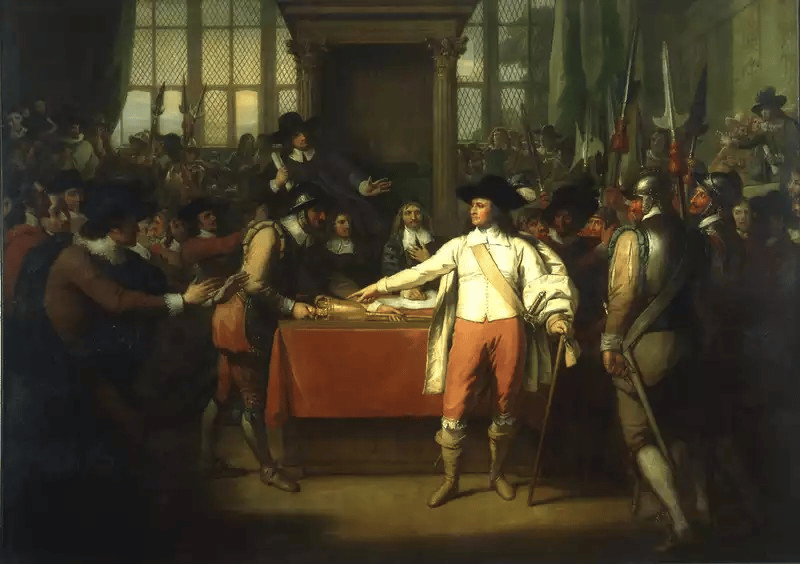 Peinture repr&eacute;sentant Oliver Cromwell dissolvant le Long Parlement en 1653, symbole de la prise de pouvoir et du d&eacute;but d&rsquo;un r&eacute;gime r&eacute;publicain rigoureux.