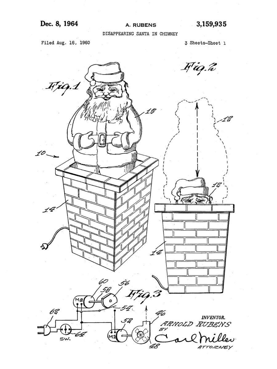 Dessin de brevet d'Arnold Rubens datant de 1964 &ndash; conception d'un dispositif repr&eacute;sentant le P&egrave;re No&euml;l se cachant dans une chemin&eacute;e, illustrant une figurine du P&egrave;re No&euml;l sortant d'une chemin&eacute;e en briques ainsi que le sch&eacute;ma du m&eacute;canisme &eacute;lectrique.