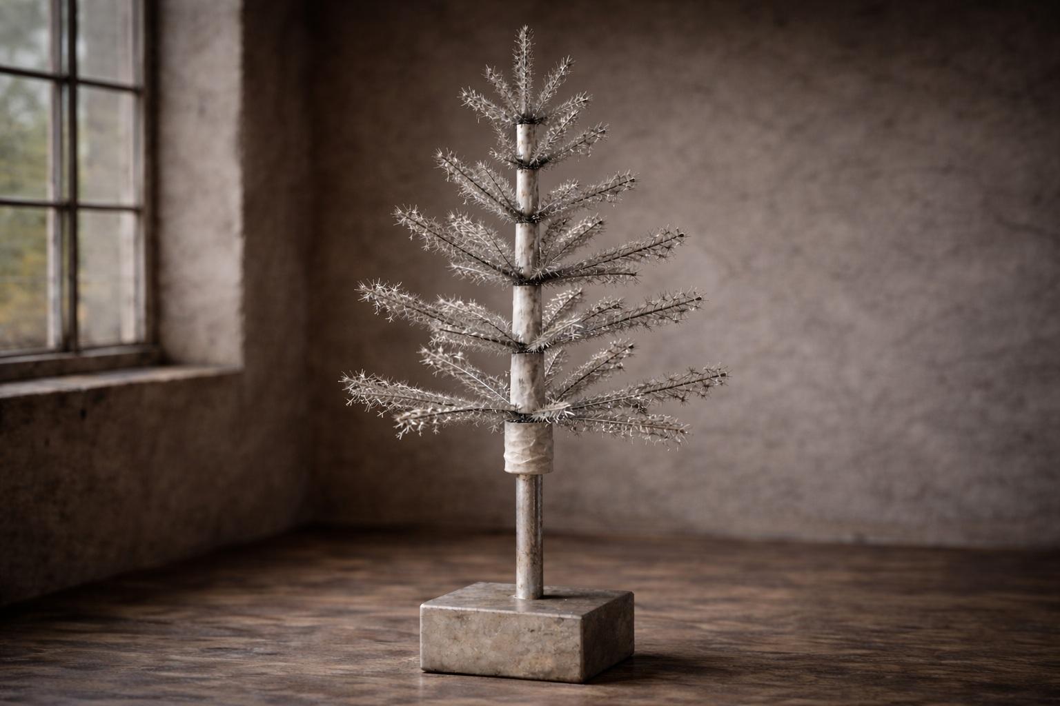 Repr&eacute;sentation du brevet d'Herman K. Vierlinger &ndash; sapin artificiel argent&eacute; de conception minimaliste avec de fines branches.