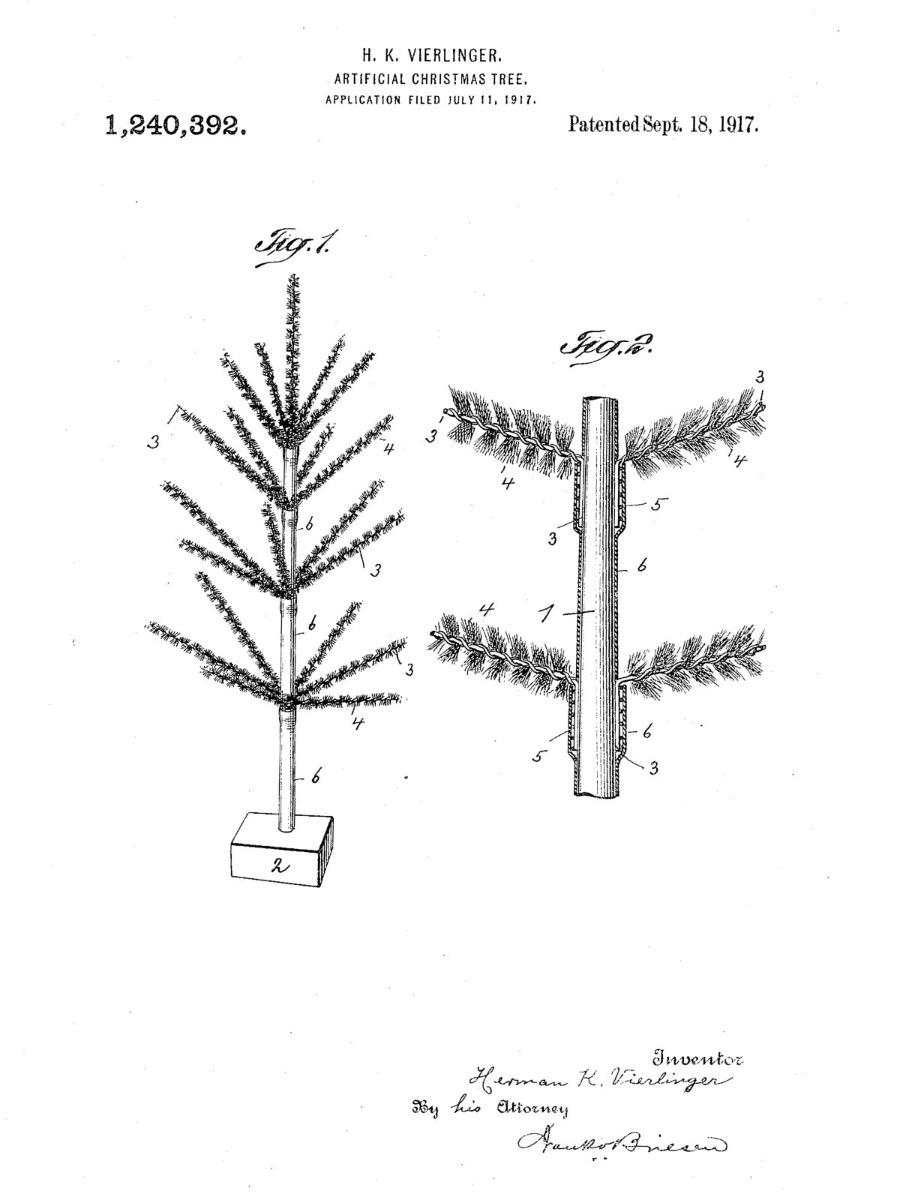 Dessin de brevet de Herman K. Vierlinger datant de 1917 &ndash; conception d&rsquo;un sapin de No&euml;l artificiel avec un tronc m&eacute;tallique, des branches dispos&eacute;es en rayons et un d&eacute;tail de la fixation des branches.