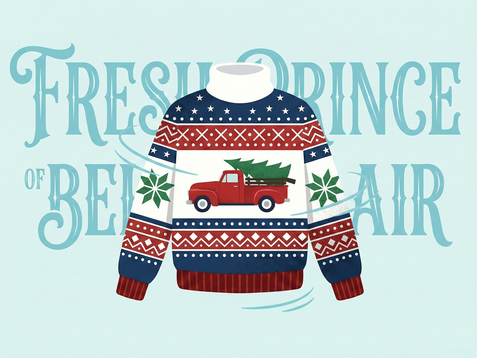 Illustration d&rsquo;un pull de No&euml;l blanc avec un pick-up rouge transportant un sapin de la s&eacute;rie &laquo; Le Prince de Bel-Air &raquo;.