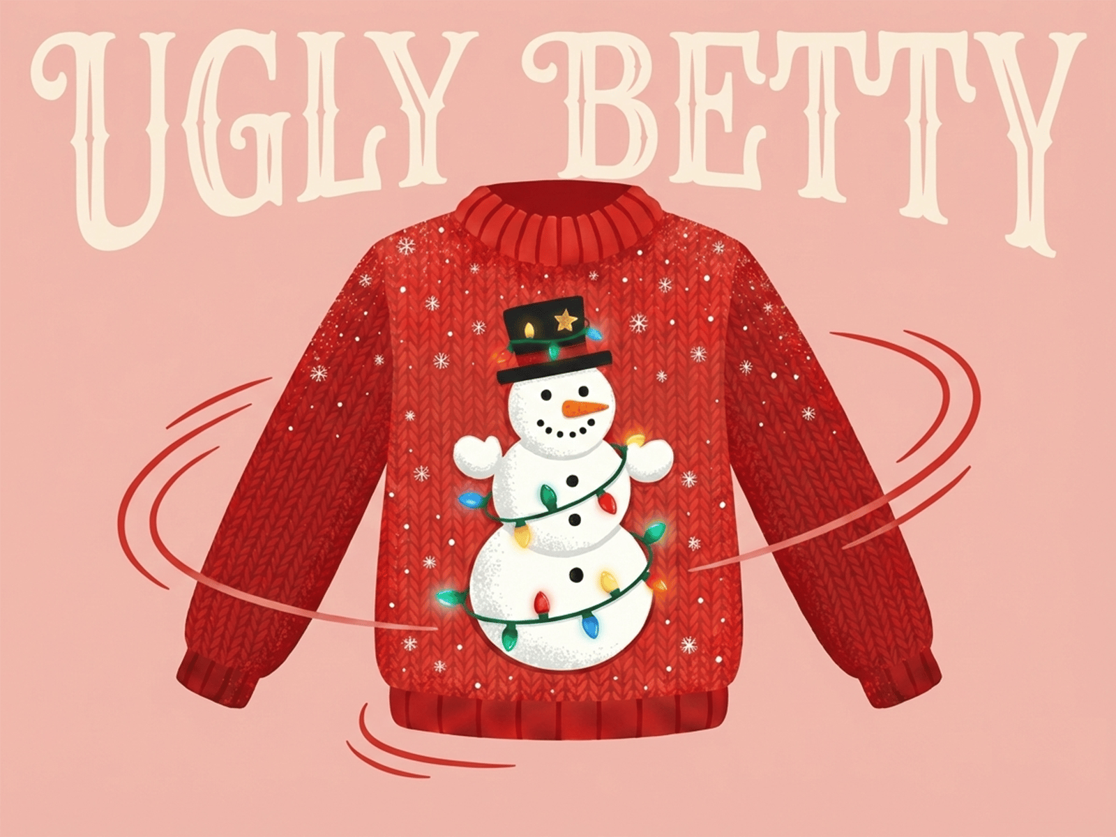 Illustration d&rsquo;un pull de No&euml;l rouge avec un bonhomme de neige enroul&eacute; de guirlandes lumineuses color&eacute;es de la s&eacute;rie &laquo; Ugly Betty &raquo;.