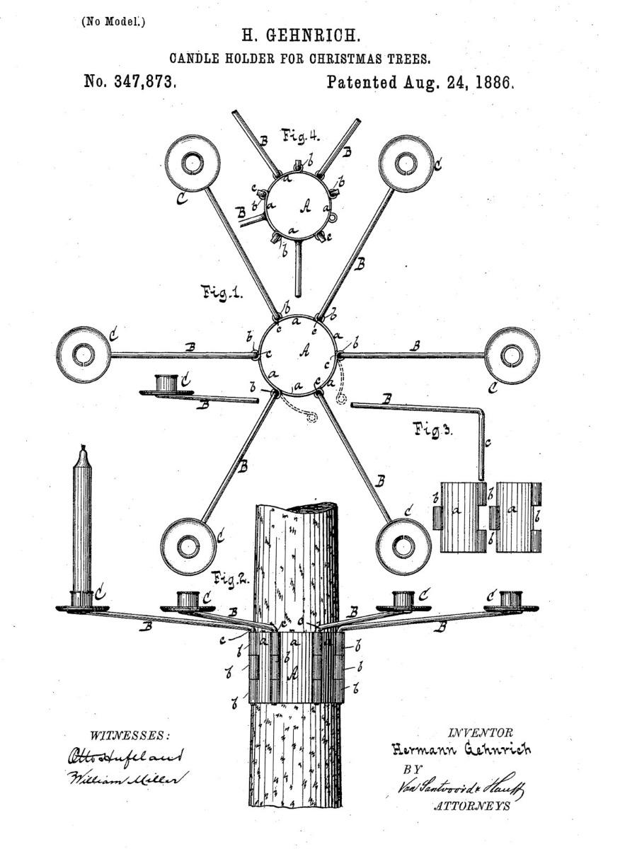 Dessin de brevet d&rsquo;Hermann Gehnrich datant de 1886 &ndash; conception d&rsquo;un support pour bougies de sapin de No&euml;l dot&eacute; d&rsquo;un m&eacute;canisme de fixation au tronc et d&rsquo;une disposition des bras porte-bougies autour de l&rsquo;arbre.