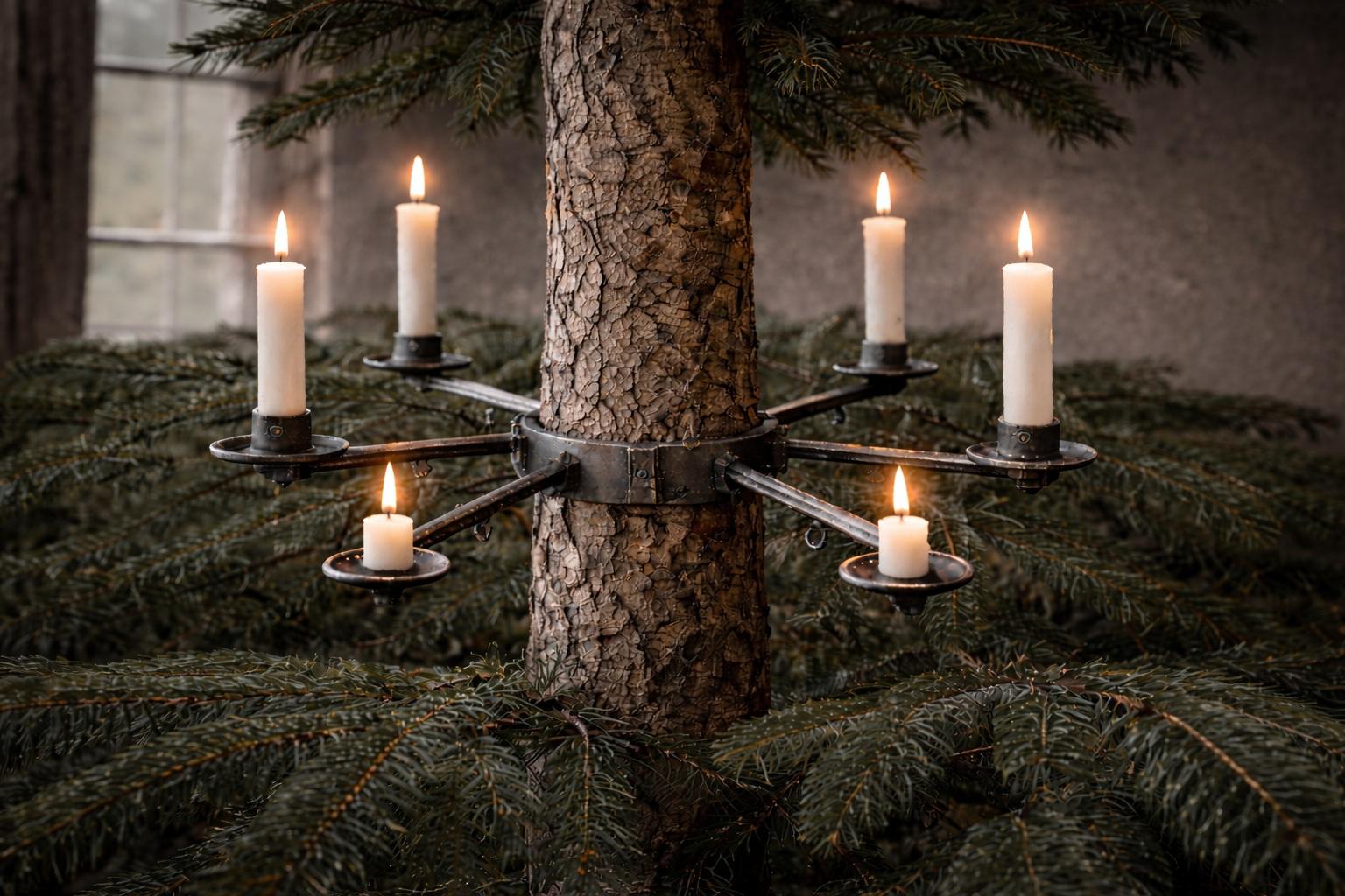 Repr&eacute;sentation du brevet d&rsquo;Hermann Gehnrich &ndash; support m&eacute;tallique pour bougies fix&eacute; autour du tronc du sapin, avec plusieurs bougies allum&eacute;es dispos&eacute;es en rayons.