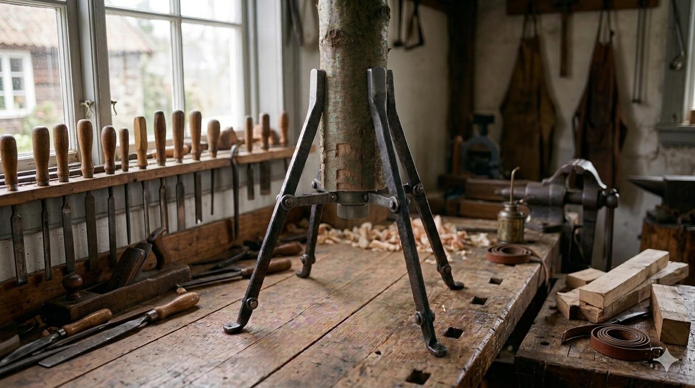 Repr&eacute;sentation du brevet de James Warner &ndash; support m&eacute;tallique pour sapin de No&euml;l fix&eacute; sur un tronc en bois dans un atelier de menuiserie.