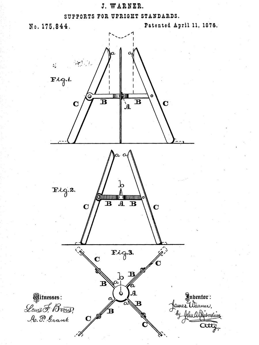 Dessin de brevet de James Warner : structure d'un support pour sapin de No&euml;l datant de 1876, dot&eacute;e de montants repliables servant &agrave; stabiliser le tronc vertical.