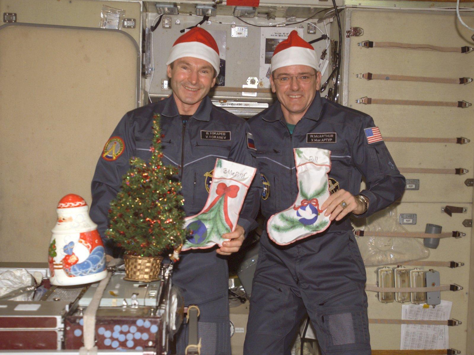 L'astronaute William S. McArthur Jr. et le cosmonaute Valery I. Tokarev posent pour une photo de Noël à bord de la Station spatiale internationale, décembre 2005.