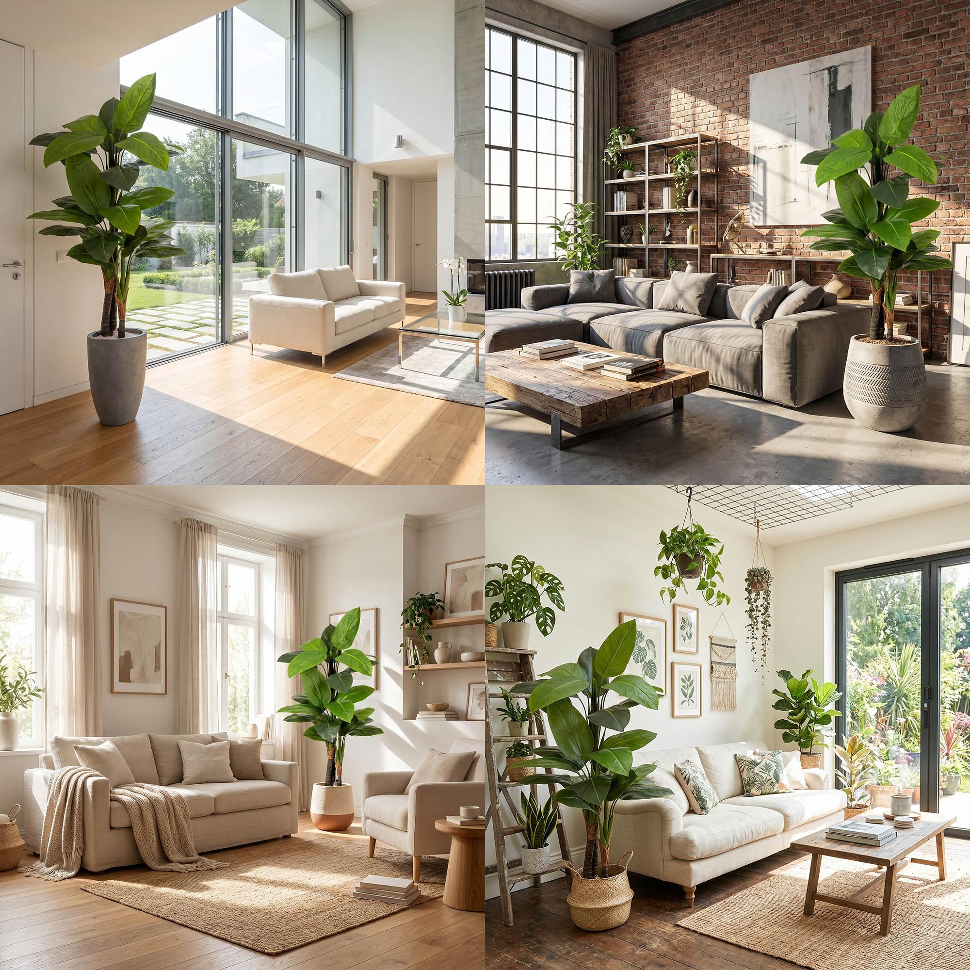 Le monstera artificiel sur tige de 160 cm FairyTrees comme d&eacute;coration d'int&eacute;rieur dans divers am&eacute;nagements, adapt&eacute; aux espaces modernes.