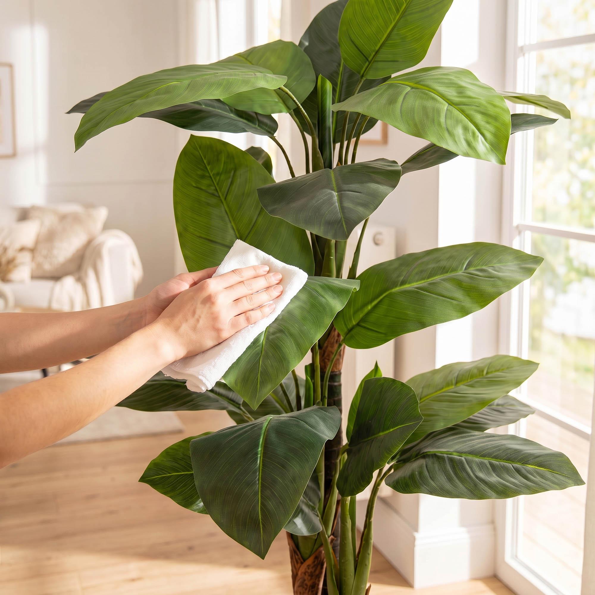 Des mains nettoient les feuilles du monstera artificiel sur tige de 160 cm FairyTrees, d&eacute;montrant ainsi la facilit&eacute; d'entretien de la plante.