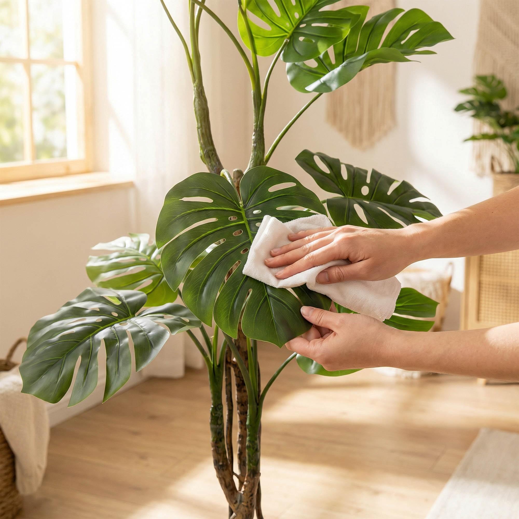 Des mains nettoient les feuilles du monstera artificiel sur tige de 160 cm FairyTrees, d&eacute;montrant ainsi la facilit&eacute; d'entretien de la plante.