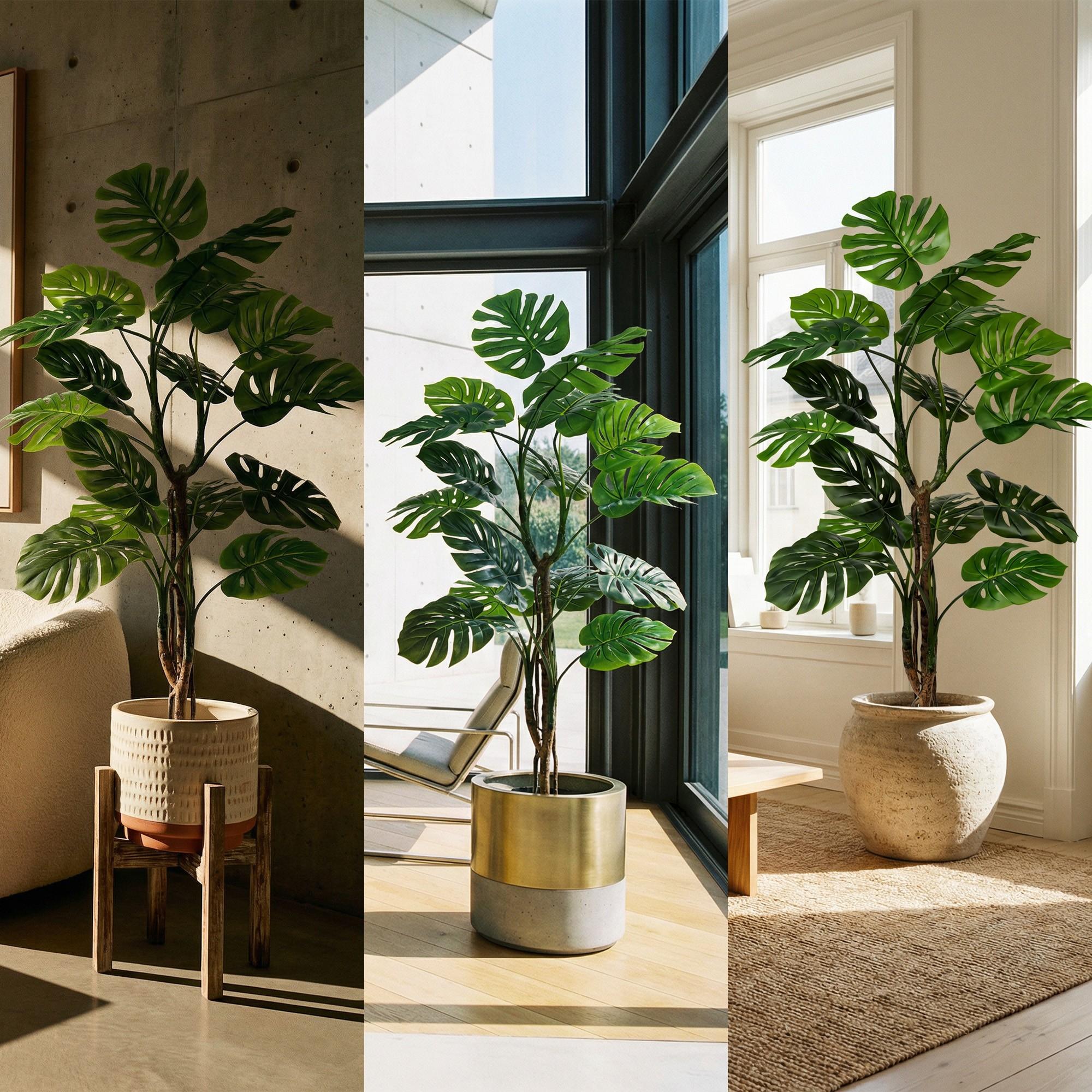 Le monstera artificiel sur tige de 160 cm FairyTrees comme d&eacute;coration d'int&eacute;rieur dans divers am&eacute;nagements, adapt&eacute; aux espaces modernes.